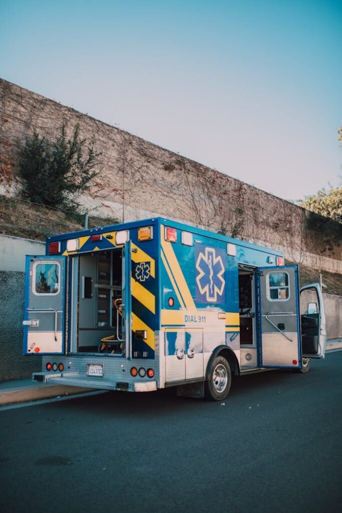 A blue ambulance is parked on the roadside under a clear sky, daylight scene.
